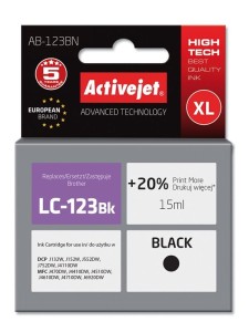 Activejet AB-123BN Tusz  (zamiennik Brother LC123BK/121BK; Supreme; 15 ml; czarny)