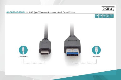Kabel DIGITUS USB 3.1 Gen.2 SuperSpeed+ 10Gbps Typ USB C/A M/M, PD, czarny 1m - 1668362
