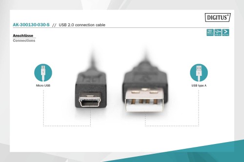 Kabel połączeniowy DIGITUS AK-300130-030-S USB2.0 Canon USB A/miniUSB B 3m - 1668375