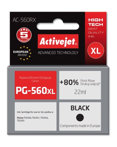 Tusz Activejet AC-560RX (zamiennik Canon PG-560XL; Supreme; 22ml; czarny). Drukuje więcej o 80% względem OEM. - 1669601