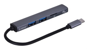 Hub USB-C, czytnik kart Orico AH-12F-GY-BP 3xUSB-A 3.1 Gen1, 5Gbps, alu