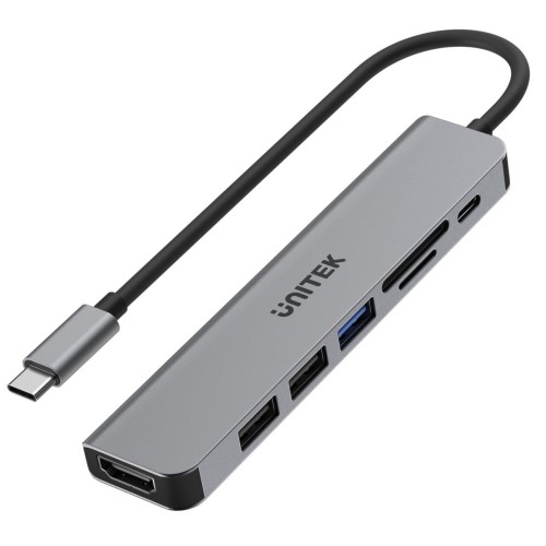 Hub USB-C Unitek H1118A 7w1, HDMI 4K, 3x USB-A, USB-C PD 100W, alu - 1525317