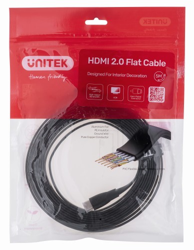 Kabel HDMI Unitek C11063BK-5M High Speed 2.0, 4K 60Hz, płaski, 5m - 1038631