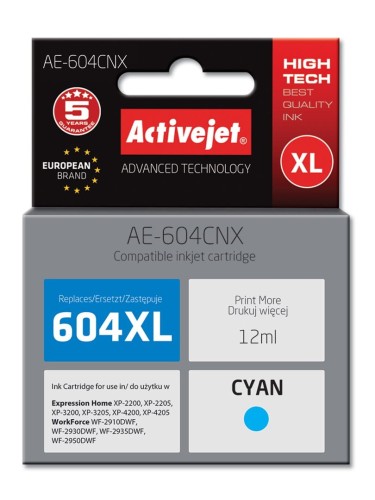 Activejet Tusz AE-604CNX (zamiennik Epson 604XL C13T10H24010; Supreme; wydajność 350 stron; 12 ml; cyan) - 1664049