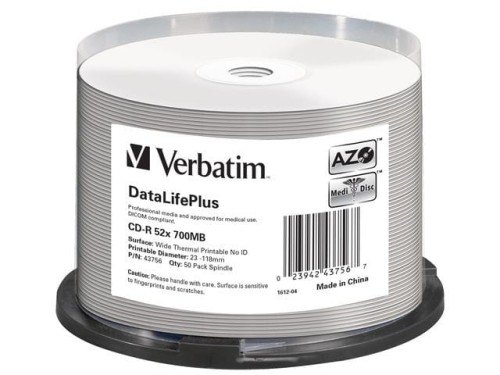 CD-R Verbatim 700MB DL+ AZO Thermal Printable Medi Disc No ID (cake 50) - 1669784