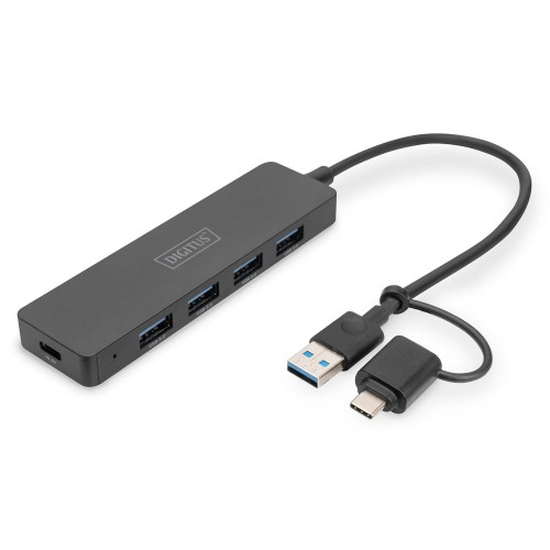 Hub USB 3.0/Koncentrator DIGITUS 4-portowy SlimLine USB A + adapter USB-C 0,2m 5Gbps złącze zasilania USB-C - 1690044